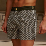 Man wearing patterned swim shorts in a casual setting